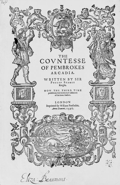 Frontispice til grevinnen av Pembrokes Arcadia, 1592, av Sir Philip Sidney (1554-86), tredje utgave, pub.1598 av English School