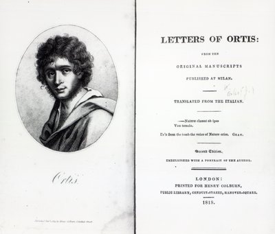 Frontispice til The Letters of Ortis av Niccolo Ugo Foscolo, utgave utgitt i 1818 av English School