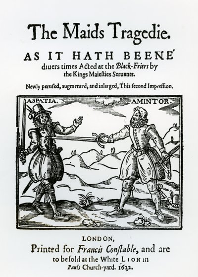 Frontispice til The Maids Tragedy av Sir Francis Beaumont (1584-1616) og John Fletcher (1579-1625) 1622 av English School