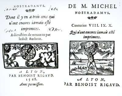 Frontispice til The Prophecies of M. Michel Nostradamus, pub. av Benoist Rigaud, 1568 av English School