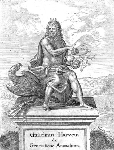 Frontispice til William Harveys The Generation of Animals utgitt i 1651 av English School