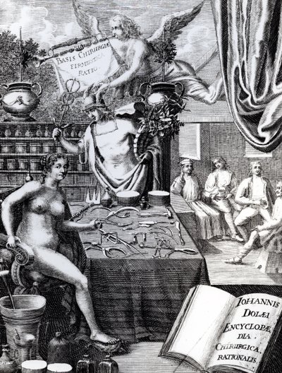 Frontispice til en Encyclopaedia of Surgical Thought av John Dolaeus av English School