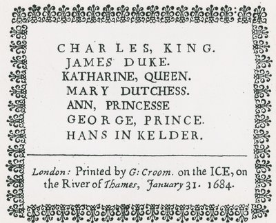 Frostmesse på Themsen, trykt suvenir for kong Charles II og familie, 1684 av English School