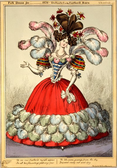 Hel kjole for _ 1828 - Dedikert til det fjærkledde rase, 1828 (håndfarget gravering) av English School