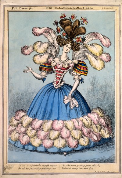 Hel kjole for _ 1828 - Dedikert til det fjærkledde rase, 1828 (håndfarget gravering) av English School