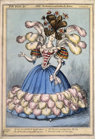 Hel kjole for ?1828. Dedikert til Featherd Race, pub. London, 1828 (håndfarget gravering) av English School