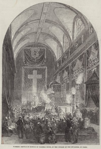 Begravelsestjeneste til ære for marskalk Soult, i Invalides-kirken, i Paris (gravering) av English School