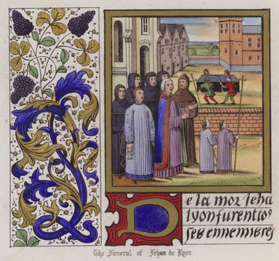 Begravelse til Jehan De Lyon (farget gravering) av English School
