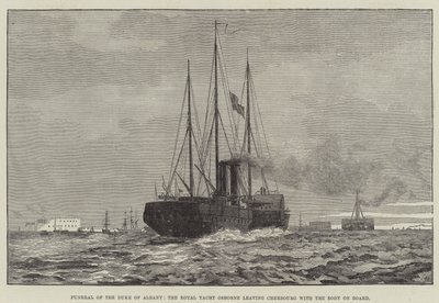 Begravelse til hertugen av Albany, Royal Yacht Osborne som forlater Cherbourg med liket om bord (gravering) av English School