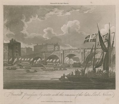 Begravelsesprosesjon ved vann med restene av avdøde Lord Nelson av English School
