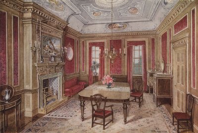 Møbler til en spisestue fra tidlig 1700-tall (fargelitografi) av English School