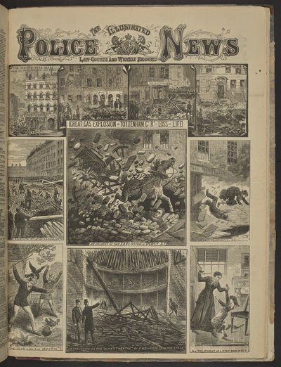 STOR GASSEKSPLOSJON I TOTTENHAM CT. RD. – TAP AV LIV.», Illustrated Police News av English School