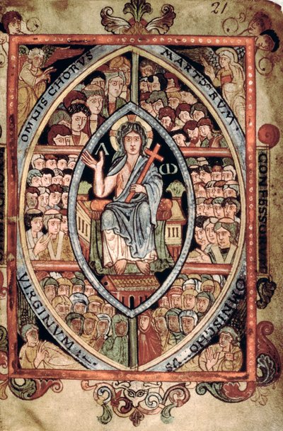 Galba A XVIII f.21r, Kristus i Majestet, fra Athelstan Psalter, Old Minster, Winchester, 925-50 (vellum) av English School