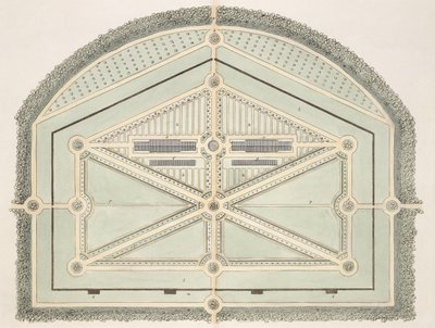 Hage i gammel fransk stil, fra Hints on the Formation of Gardens and Pleasure Grounds av John Claudius Loudon (1783-1843) publisert 1812 av English School