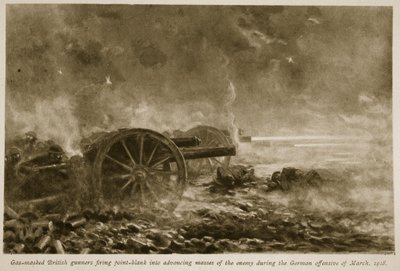 Gassmaskerte britiske skyttere som skyter rett inn i fremrykkende masser av fienden under den tyske offensiven i mars 1918, 1918-19 av English School