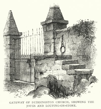 Porten til Duddingston Church, som viser Jougs og Louping-on-Stone (gravering) av English School