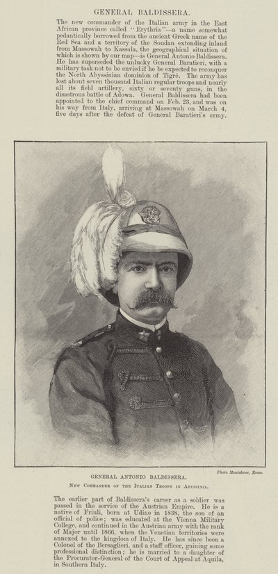 General Antonio Baldissera, ny sjef for de italienske troppene i Abyssinia (gravering) av English School