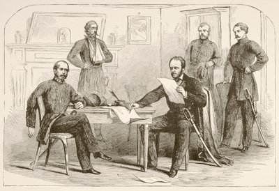 General Joseph Eggleston Johnston overgir hæren til Tennessee til general William Tecumseh Sherman (litho) av English School