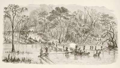 General Shermans tropper krysser Edisto-elven under March to the Sea (litho) av English School