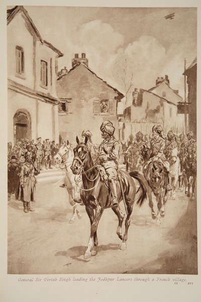 General Sir Pertab Singh ledet Jodhpur Lancers gjennom en fransk landsby, 1914-19 av English School