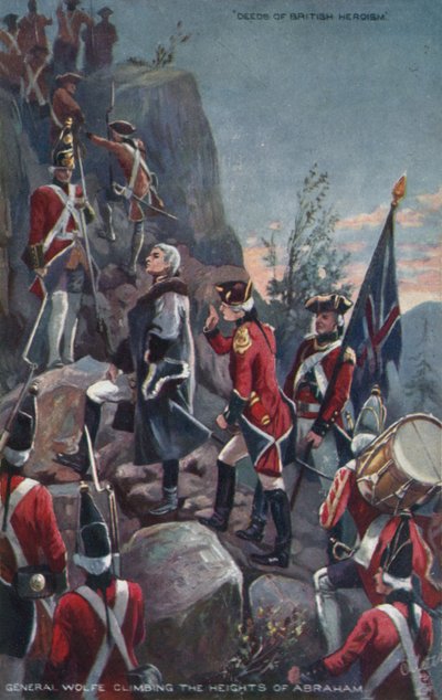 General Wolfe klatrer i Abrahams høyder, Quebec, 1759 av English School