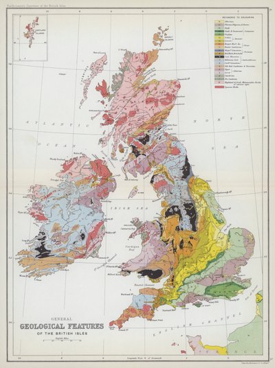 Generelle geologiske trekk ved De britiske øyer (fargelitografi) av English School
