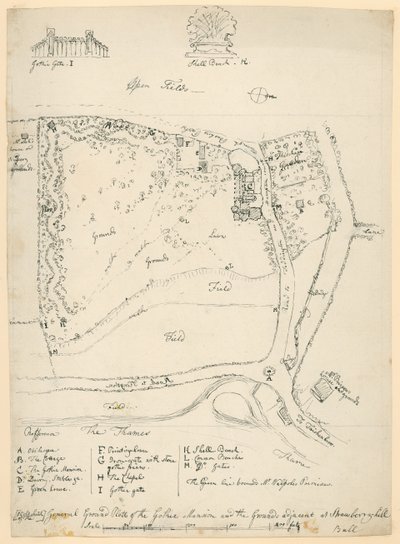 Generell grunnplan for det gotiske herskapshuset og eiendommen ved siden av Strawberry Hill, Twickenham, London av English School