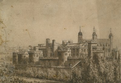 Generell utsikt over Tower of London (wc på papir) av English School