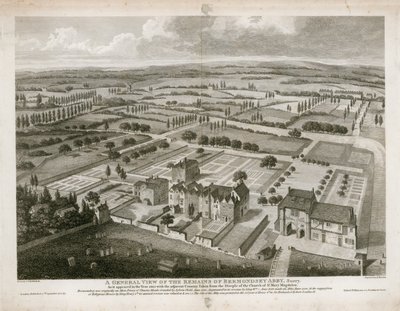 Generell oversikt over restene av Bermondsey Abbey, slik det så ut i 1805 av English School