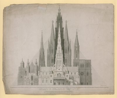 Geometriske høyder av vestfrontene til katedralene i St. Pauls, London (før brannen) ... og den store pyramiden i Egypt i én skala av English School