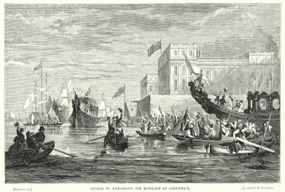 George IV geht in Greenwich an Bord nach Schottland (Gravur) von English School