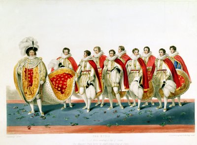 George IV i kroningskåper iført en godshette, gravert av E. Scrivenor, fra en plate av Sir George Naylor av English School