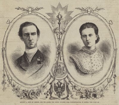 George I, konge av Hellas, og hans dronning, storhertuginnen Olga Constantinovna av Russland (gravering) av English School