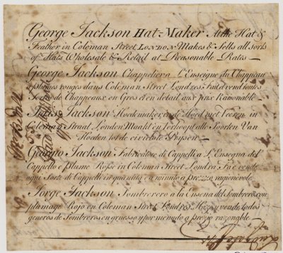 George Jackson, hattemaker, Coleman Street, London av English School