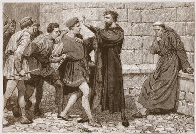 George Wishart beskytter sin fremtidige leiemorder, illustrasjon fra 'The History of Protestantism' av James Aitken Wylie (1808-1890), pub. 1878 (gravering) av English School