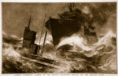 Tysk ubåt rammet av British Destroyer Badger utenfor den belgiske kysten, 1914-19 av English School