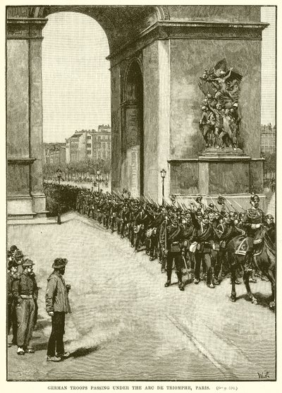 Tyske tropper passerer under Triumfbuen, Paris av English School