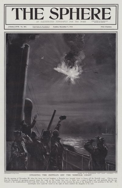 Tysk Zeppelin-luftskip skutt ned i flammer utenfor kysten av Norfolk, første verdenskrig, 28. november 1916 (litho) av English School