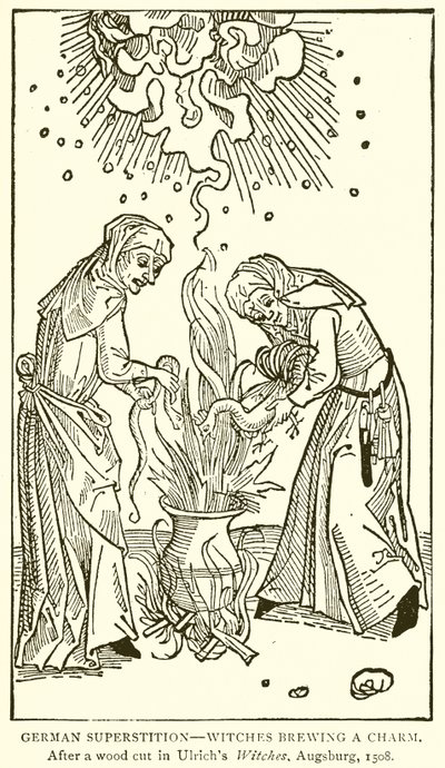 Tysk overtro - hekser som brygger en sjarm. Etter et tresnitt i Ulrichs Witches, Augsburg, 1508 av English School