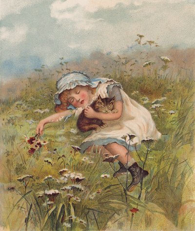 Jente og en katt sover i et felt (chromolitho) av English School
