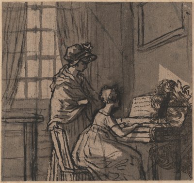 Girl at a clavichord, ca. 1800 (penn og vask på papir) av English School