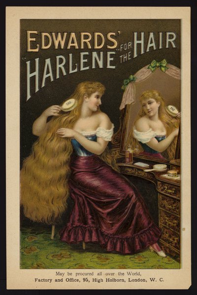 Jente som børster det lange blonde håret; Edward's Harlene for the Hair (chromolitho) av English School