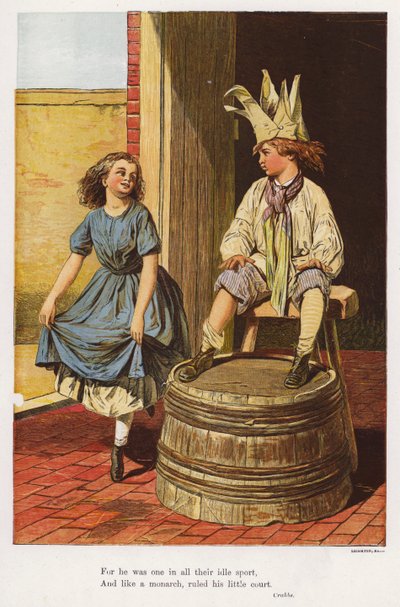 Jente som lurer på en gutt som leker for å være en konge (farget gravering) av English School