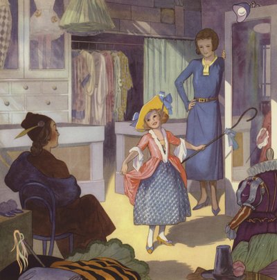Jente kler seg ut som Lille Bo Peep (fargelitografi) av English School