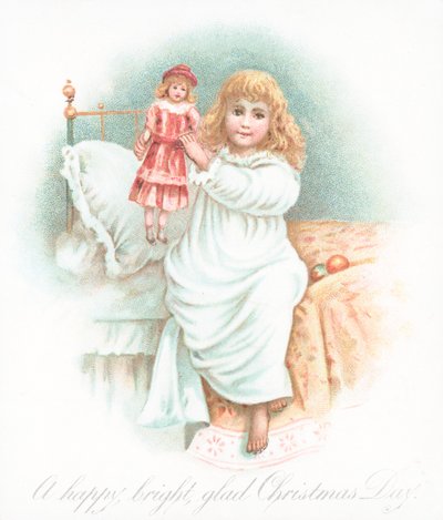 Jente som reiser seg ut av sengen på julemorgen med gave, julekort av English School