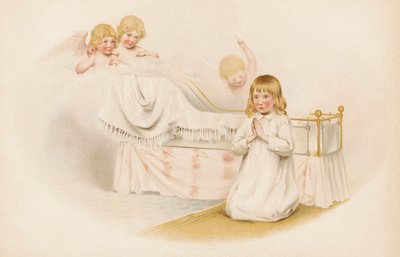 Jente ber ved sengen hennes (chromolitho) av English School