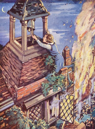 Jente som ringer alarmklokken for å advare om brann (farge litho) av English School