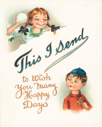 Mädchen wirft Schneeball aus Übermut, Weihnachtskarte von English School