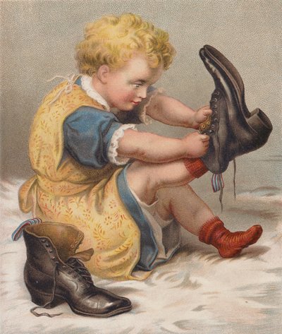 Jente som prøver morens støvler (chromolitho) av English School