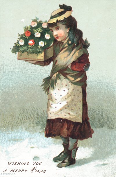 Jente som går i snøen og bærer boks med blomster, julekort av English School